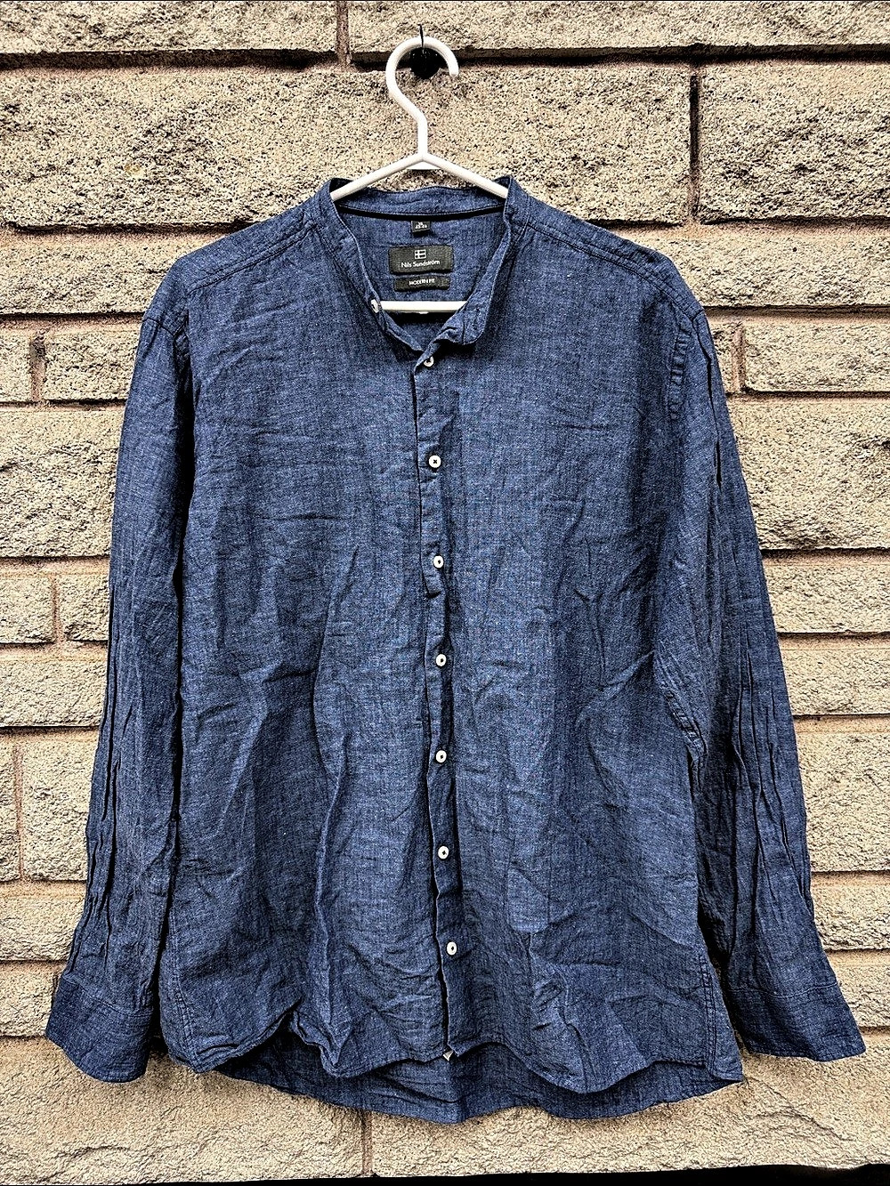 Nils Sundström Modern Fit Linen Cotton Blue Button Down Shirt Size XL